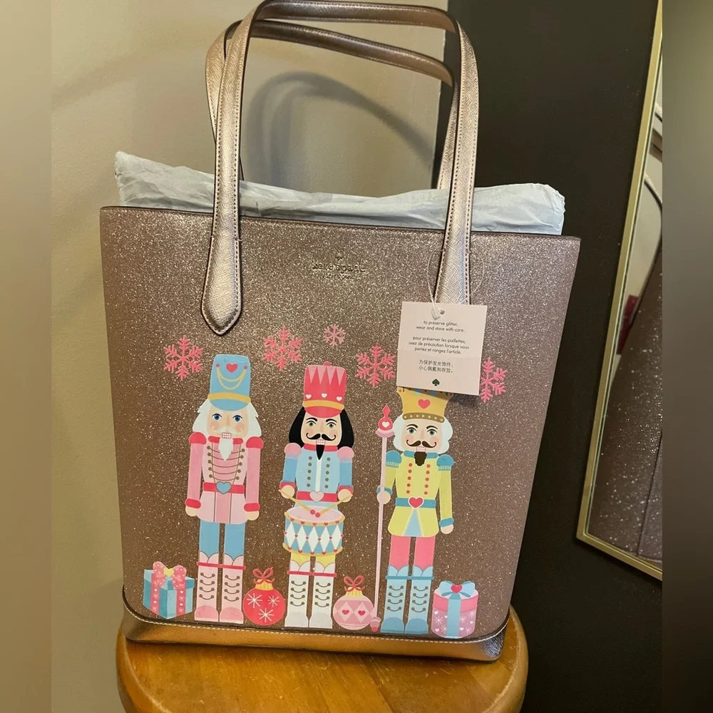 Kate Spade Nutcracker Glitter Tinsel Tote in Rose Gold +Matching Wallet Bundle! - Picture 1 of 10